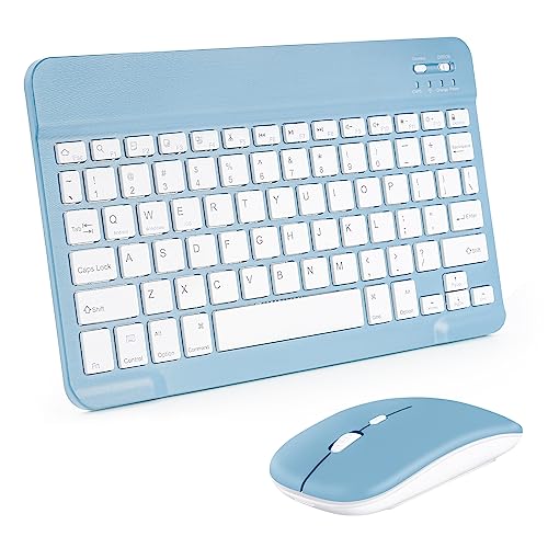 AIMMIE Tragbare kabellose Tastatur, wiederaufladbar10 Ultradünne Universal-Tablet-Tastatur mit kabelloser Maus, kleine kabellose Tastatur für iOS/Android/Windows-Tablets, Laptops, PC, Telefone (blau) von AIMMIE