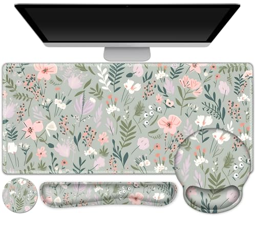 AIMSA Tastatur-Mauspad-Set, erweitertes Mauspad, Tastatur-Handgelenkauflage, Memory-Schaum, ergonomisches Schreibtischunterlagen-Set für Zuhause, Büro, Lernspiel, rosa weiße Blumen und Pflanzen von AIMSA
