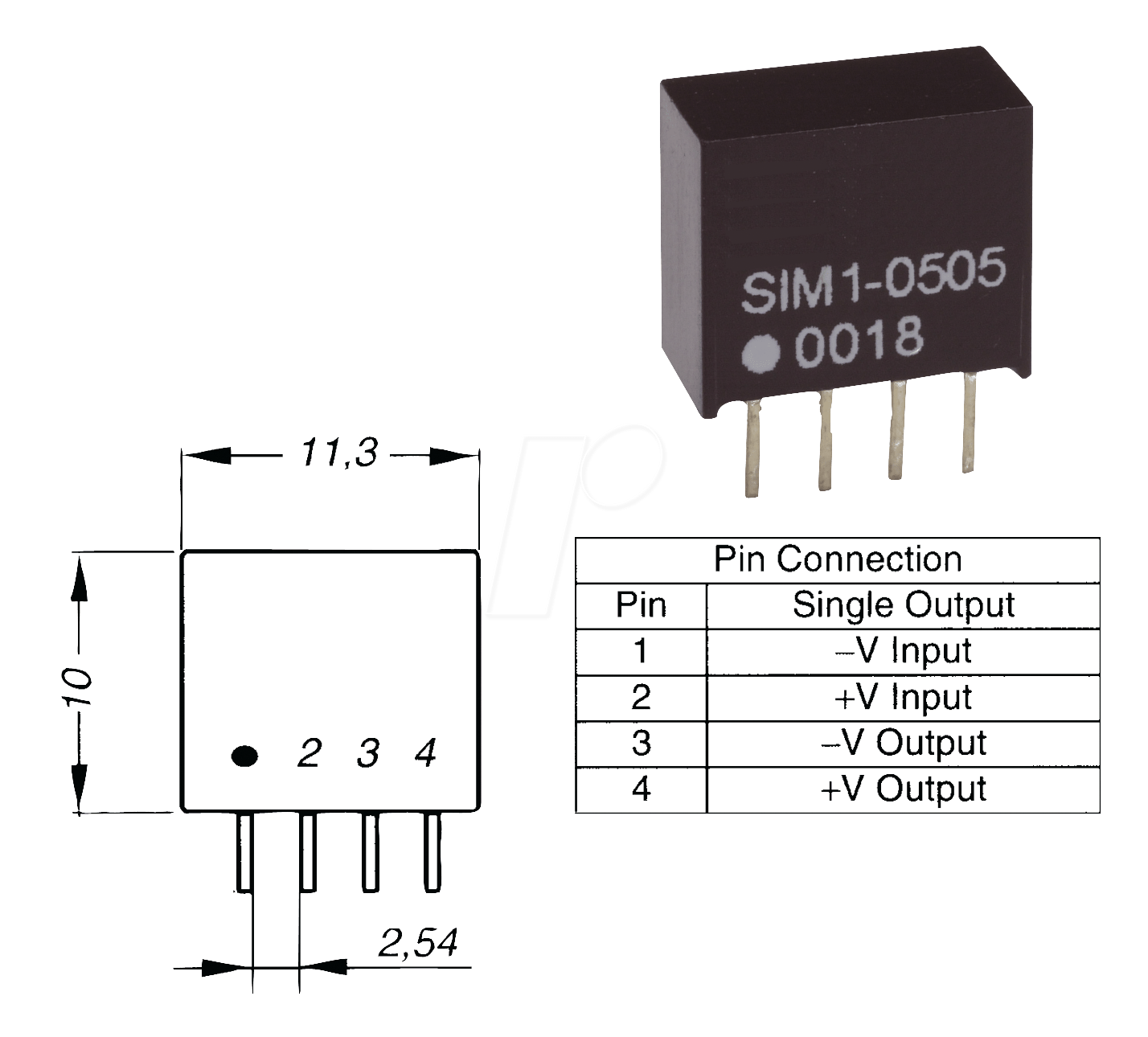 SIM1-0503 SIL4 - DC/DC-Wandler AM1S, 1 W, 3,3 V, 300 mA, SIL-4 von AIMTEC