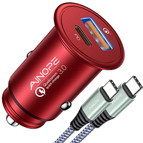 AINOPE Zigarettenanzünder USB C Auto Ladegerät 48W PD&QC 3.0 Schnell Metall kfz Ladegerät USB C Adapter Auto Zubehör [Kommt mit USB C zu C Kabel] Kompatibel mit Smartphone - RED von AINOPE