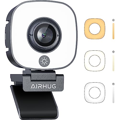 AIRHUG 2K Webcam mit Ringlicht, Webkamera mit Zwei Mikrofonen, USB-Plug-and-Play für Laptop, mit Sichtschutzabdeckung, kompatibel mit Skype Zoom YouTube von AIRHUG