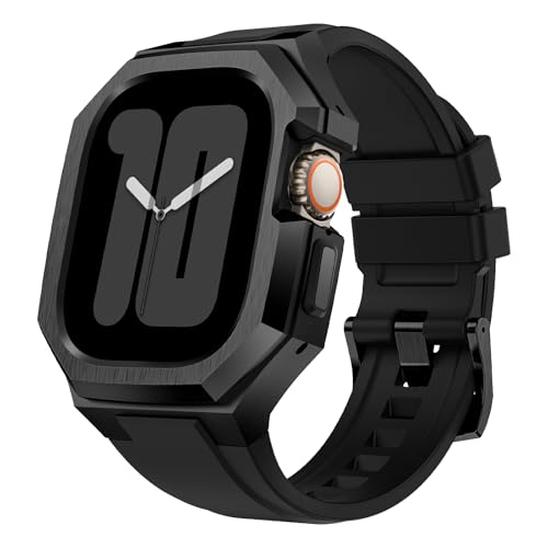 AIRYZGOOD Luxuriöse Metallhülle mit Band, kompatibel mit Apple Watch Armband 44 mm/45 mm, robuste Schutzhülle für Herren, mit weichem Silikonband, für iWatch Serie 9/8/7 (Schwarz, 45 mm) von AIRYZGOOD