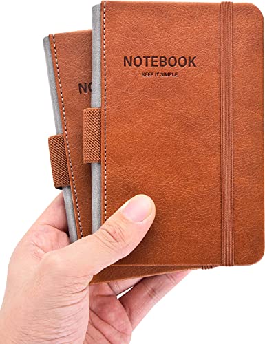 AISBUGUR Notizbuch A6 2 Stück Notizbuch kleine 9 x 14 cm Pocket Notizblock Hardcover mit Stifthalter Gummiband Dickes Papier Notizblock kleine PU Leder Braun von AISBUGUR