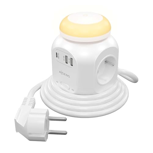AISENS - ASPS-2A1CLPQ02-W - Multifunktions-Steckdosenleiste mit 4 Steckdosen + 1Xusb-C 20 W Pd3.0, 2Xusb-A 18 W Qc3.0, Nachtlicht, 1,8 m, Weiß von AISENS