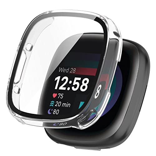 AISPORTS 2 Stück Uhrengehäuse Kompatibel mit Fitbit Versa 4 Displayschutzfolie, Hartes PC Stoßfängergehäuse HD Gehärtete Glasfolie Kratzfest Vollständige Abdeckung Schutzhülle für Fitbit Sense 2 von AISPORTS