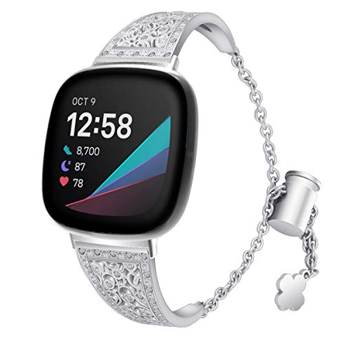 AISPORTS Kompatibel mit Fitbit Versa 4 Armband/Fitbit Sense 2 Armband für Damen, Slim Crystal Bling Glitter Diamond Armband Metallschnalle Schmuckarmband Ersatzband für Fitbit Versa 4/Sense 2 von AISPORTS