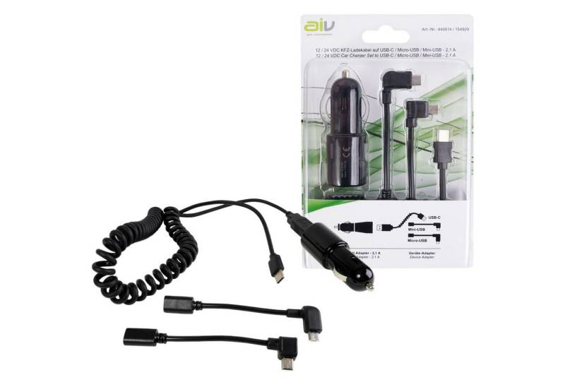 AIV KFZ 12V 24V USB-C Ladekabel Spiral-Kabel Smartphone-Ladegerät (Inkl. Lade-Adapter USB Typ C + Micro-USB + Mini-USB, für PKW Auto etc) von AIV