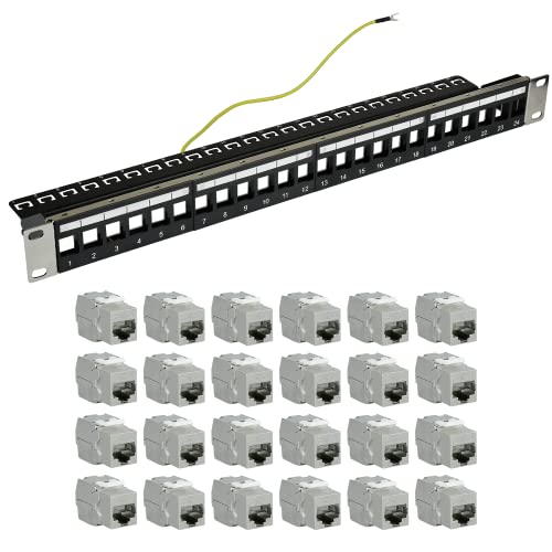 AIXONTEC 24 Port 19 Zoll 1 HE Patchpanel Patchfeld als Set 24x RJ45 Keystone Module Cat.6A Werkzeuglos Buchse Ethernet LAN Verbinder für Cat.7 Cat.6 Schwarz Kabelmanagement Netzwerkabel LAN Kabel von AIXONTEC