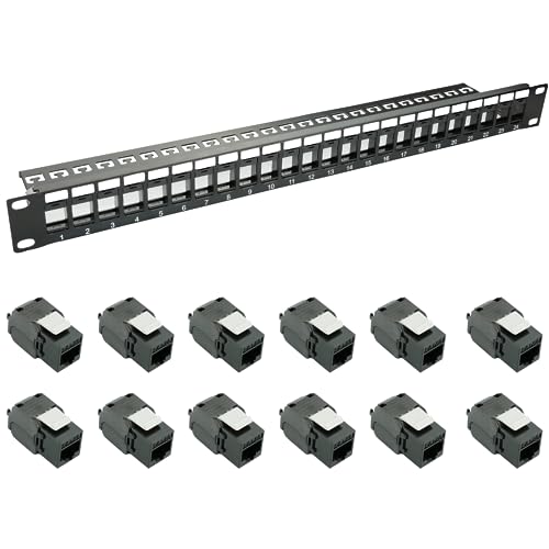 AIXONTEC 24 Port 19 Zoll 1 HE Patchpanel Patchfeld mit 12x RJ45 Keystone Module ungeschirmt 10 GbE Cat.6A Werkzeuglos Buchse Ethernet LAN Verbinder Cat.7 Cat.6 Schwarz Kabelmanagement Netzwerk Kabel von AIXONTEC