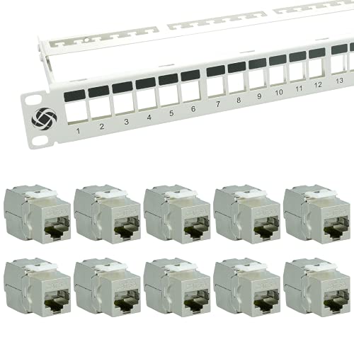 AIXONTEC 24 Port Patchpanel Patchfeld als Set 12 x Keystone Module Cat.6A Werkzeuglos Buchse Ethernet LAN Verbinder für Cat.7 Cat.6 Grau Kabelmanagement Netzwerkabel LAN Kabel von AIXONTEC