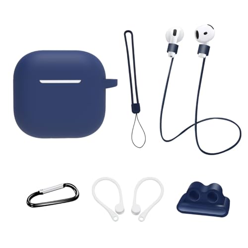 Silikon Schutz-hülle für Airpods 4 Generation (2024): AIYAAIYA 8-in-1-Zubehörset für Airpod mit Apple Watch-Halterung/Schlüsselanhänger/Anti-Verlust-Seil/Gurt/Ohrbügel (Blau) von AIYAAIYA