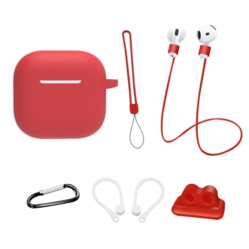 Silikon Schutz-hülle für Airpods 4 Generation (2024): AIYAAIYA 8-in-1-Zubehörset für Airpod mit Apple Watch-Halterung/Schlüsselanhänger/Anti-Verlust-Seil/Gurt/Ohrbügel (Rot) von AIYAAIYA