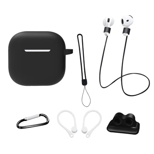 AIYAAIYA Silikon Schutz-Hülle für AirPods 4 Generation (2024): 8-in-1 Zubehörset mit Apple Watch-Halterung/Schlüsselanhänger/Anti-Verlust-Seil/Gurt/Ohrbügel (Schwarz) von AIYAAIYA