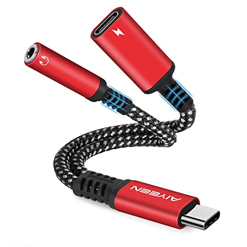 AIYEEN 2-in-1 USB C auf 3,5 mm Kopfhörer- und Ladegerät-Adapter, USB C PD 3.0 Schnellladeanschluss auf Aux-Audio-Buchse und 60 W Schnellladung, kompatibel mit Google Pixel, Samsung Galaxy (rot) von AIYEEN