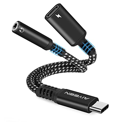 AIYEEN 2-in-1 USB C auf 3,5 mm Kopfhörer- und Ladegerät-Adapter, USB C PD 3.0 Schnellladeanschluss auf Aux-Audio-Buchse und 60 W Schnellladung, kompatibel mit Google Pixel, Samsung Galaxy (schwarz) von AIYEEN