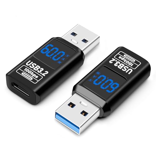 AIYEEN USB 3.2 Digitalanzeige, USB-A-Stecker auf USB-C-Buchse, OTG-Adapter, 10 Gbit/s (2er-Pack), Echtzeit-Stromüberwachung, bis zu 60 W schnelles Laden, kompatibel mit Laptop, Powerbank von AIYEEN