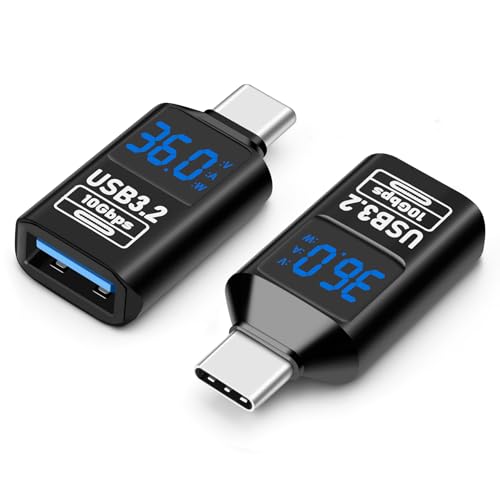 AIYEEN USB 3.2 Digitalanzeige, USB-C-Stecker auf USB-A-Buchse, OTG-Adapter 10 Gbit/s, Echtzeit-Leistungsüberwachung, bis zu 36 W schnelles Laden, kompatibel mit Laptop, Powerbank (2er-Pack) von AIYEEN
