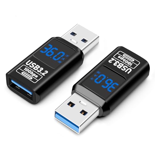 AIYEEN USB 3.2 Digitalanzeige USB A Stecker auf Buchse OTG Adapter 10 Gbit/s (2er-Pack), Echtzeit-Stromüberwachung, bis zu 36 W schnelles Laden, kompatibel mit Laptop, Powerbank von AIYEEN