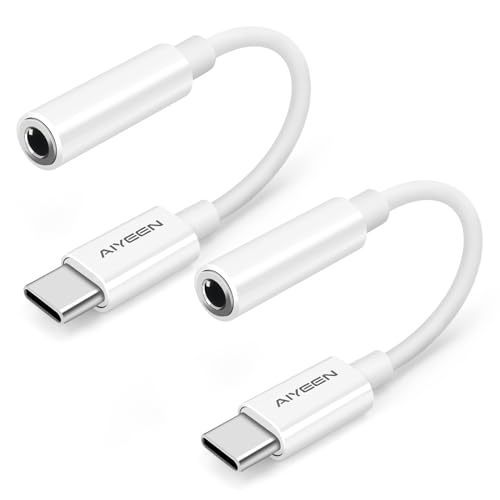 Verbesserter USB-C-auf-3,5-mm-Klinkenstecker-Kopfhörer-Adapter (2 Stück), USB-C-auf-Aux-Kopfhörer-Audio-Adapter, DAC-Kopfhörer-Adapter, kompatibel mit iPhone 15-Serie, Samsung, Pixel, iPad (weiß) von AIYEEN