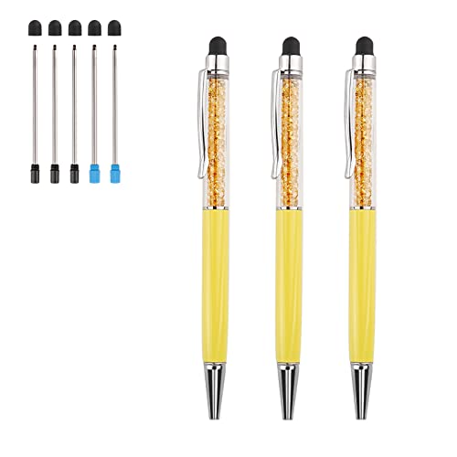 AIYIBEN Stylus Pen 3 Stück 2 in 1 Bling Kristall Diamantstift Kapazitiver Touchscreen-Stift mit Ersatzminen Schwarz Blau Tinte Gummi Tipps für iPhone iPad Kindle Touchscreen Geräte (Gelb) von AIYIBEN