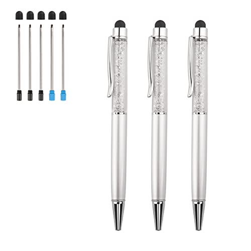 Stylus Kugelschreiber 3 Stück 2 in 1 Bling Kristall Diamantstift Kapazitiver Touchscreen-Stift mit Ersatzminen Schwarz Blau Tinte Gummi Tipps für iPhone iPad Kindle Touchscreen Geräte (Silber) von AIYIBEN