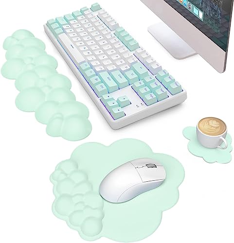 3 in 1 Cloud Ergonomische Tastatur-Handballenauflage, Mauspad und Untersetzer-Set, PU-Leder, rutschfeste Gummibasis und Memory-Schaum, einfaches Tippen und Schmerzlinderung, für Spiele, Office-Grün von AJAZZ