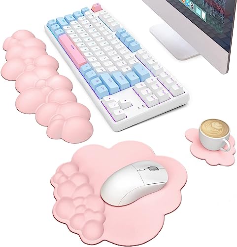 3 in 1 Cloud Ergonomische Tastatur-Handballenauflage, Mauspad und Untersetzer-Set, PU-Leder, rutschfeste Gummibasis und Memory-Schaum, einfaches Tippen und Schmerzlinderung, für Spiele, Office-Rosa von AJAZZ