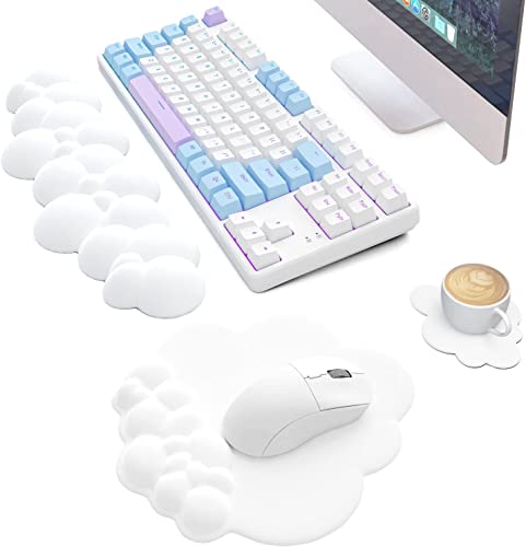 3 in 1 Cloud Ergonomische Tastatur-Handballenauflage, Mauspad und Untersetzer-Set, PU-Leder, rutschfeste Gummibasis und Memory-Schaum, einfaches Tippen und Schmerzlinderung, für Spiele, Office-Weiß von AJAZZ