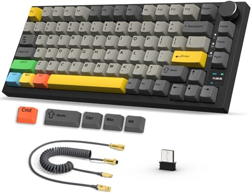 AJAZZ AK820PRO 75% TKL kabellose mechanische Gaming-Tastatur mit spiralförmigem USB-C-Kabel,2,4 G/BT5.1/USB-C verkabelt,81 Tasten mit TFT-Farbdisplay&CNC-Knopf,RGB-Beleuchtung,4000mAh–Schwarz Grau von AJAZZ