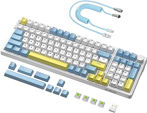 AJAZZ AK992 Gasket Mechanische Hotswap-Tastatur und gewendeltes USB-C-Kabel,RGB-Beleuchtung,4000 mAh 2,4 GHz/BT5.0/USB C,graue Custom-Gaming mit Lautstärkeregler,PBT-Tastenkappe-Blau(Blauer Schalter) von AJAZZ