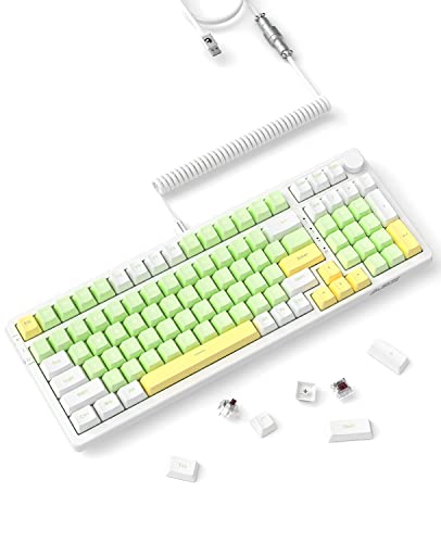 AJAZZ Mechanische Gaming-Tastatur mit 96% Hot-Swap-fähiger Dichtung und speziell gewickeltem USB-C-Kabel, Triple Mode 2.4G/BT5.1/Wired 99Keys+Knob, 4000 mAh mit PBT-Tastenkappen (Grün-Braun-Schalter) von AJAZZ