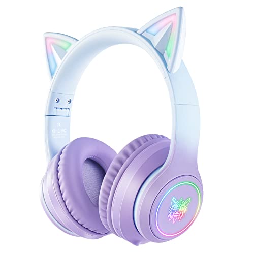 AJIJAR Bluetooth-Katzenohr-Kopfhörer Für Kinder, Faltbarer Kopfhörer Im Kabellosen Und Kabelgebundenen Modus, Mit Mikrofon, RGB-Licht (Violett) von AJIJAR