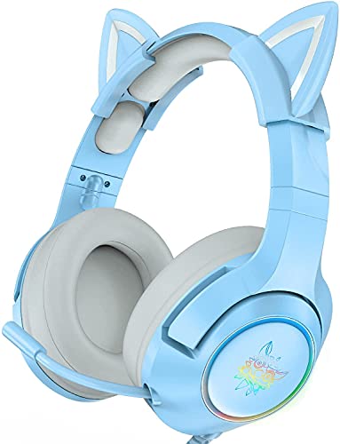 AJIJAR Gaming-Headset mit Mikrofon, Mädchen Frauen Katzenohren Kopfhörer 3,5mm Kompatibel mit PC PS4 PS5 Xbox One (ohne Adapter) Smartphone, mit Surround-Sound, RGB, Geräuschunterdrückung-Blau von AJIJAR