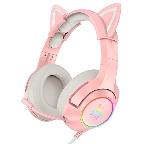 AJIJAR Rosa Gaming-Headset mit Mikrofon, Mädchen Frauen Katzenohren Kopfhörer 3,5mm Kompatibel mit PC PS4 PS5 Xbox One (ohne Adapter) Smartphone, mit Surround-Sound, RGB, Geräuschunterdrückung, rose von AJIJAR