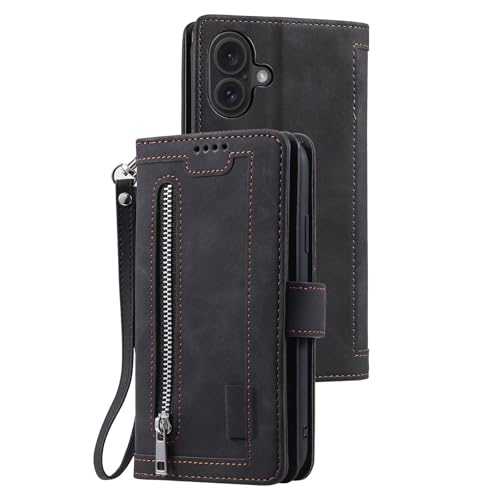 AJMIPO Schutzhülle für iPhone 16/16 plus/16 pro/16 pro max, multifunktionale Leder-Brieftaschen-Hülle, Kartenfächer, Klappetui, Schutz, Folio-Cover, Business-Stil mit Handschlaufe, Schwarz AJMIPO Schutzhülle für iPhone 16/16 plus/16 pro/16 pro max, multifunktionale Leder-Brieftaschen-Hülle, Kartenfächer, Klappetui, Schutz, Folio-Cover, Business-Stil mit Handschlaufe, Schwarz von AJMIPO