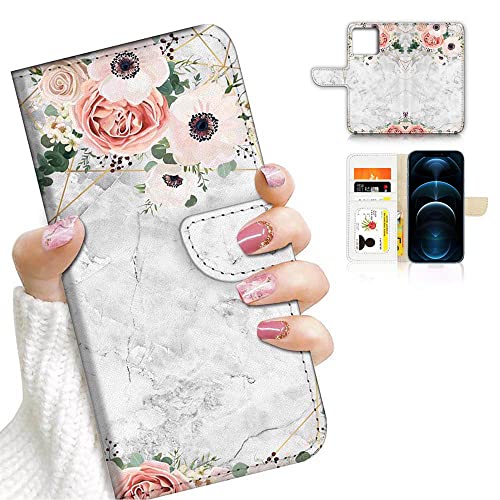 AJOURTEK Schutzhülle für iPhone 12 Pro Max, Kunstdesign, Flip Wallet Style Cover Case Blume Full Body Protection AD003 (#24880 weiße Marmorblume i12pm) von AJOURTEK