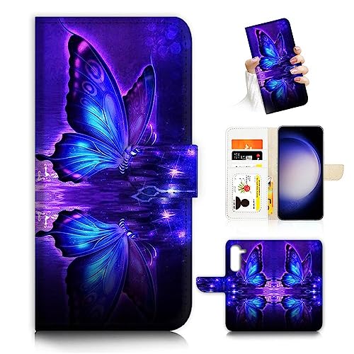 Für Samsung S23, Samsung Galaxy S23, Kunst entworfen Flip Wallet Style Cover Case Blume Schmetterling Malerei Ganzkörperschutz AD003 (#24885 Schmetterling) von AJOURTEK