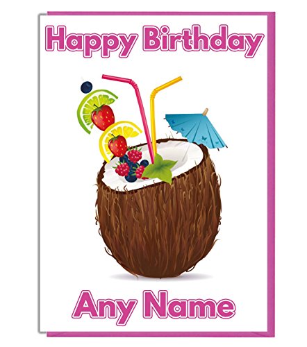 Geburtstagskarte, Motiv: Kokosnuss, Cocktail, hawaiianisches Thema, personalisierbar von AK Giftshop