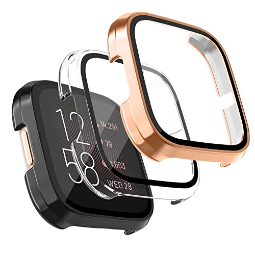 AK 3 Stück Schutzhülle für Fitbit Versa 2 Hülle, PC Hard Hülle mit Hartglas Displayschutz für Fitbit Versa 2 (Schwarz+Transparent+Roségold) von AK