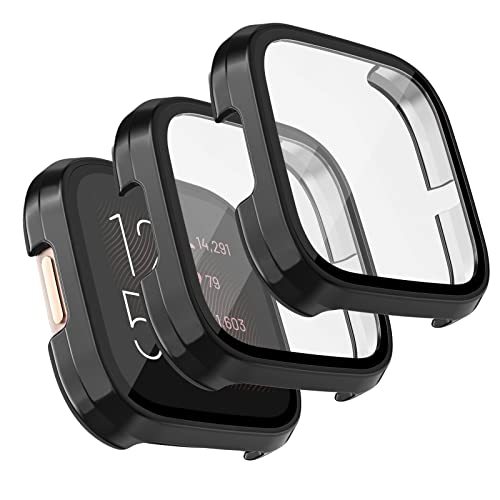 AK 3 Stück Schutzhülle für Fitbit Versa 2 Hülle, PC Hard Hülle mit Hartglas Displayschutz für Fitbit Versa 2 (Schwarz x 3) von AK