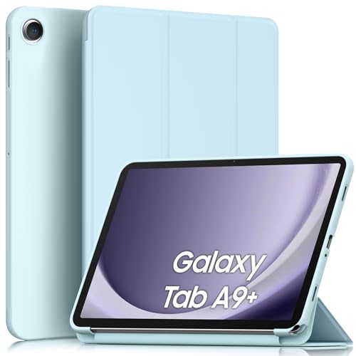 AK Hülle für Samsung Galaxy Tab A9+ / A9 Plus 11 Zoll Schutzhülle, Langlebig Kratzfest PU Leder mit Standfunktion und Auto Wachen/Schlafen Case für Tablet A9+ SM-X210/X216/X218 (Weiß Eisblau) von AK