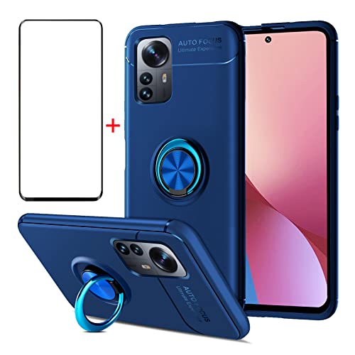 AKABEILA Case Screen Protector for Xiaomi Mi 12, Case Tempered Glass for Xiaomi 12 Phone Cover Silicone Kickstand Ring Grip Holder Shockproof, Blue von AKABEILA