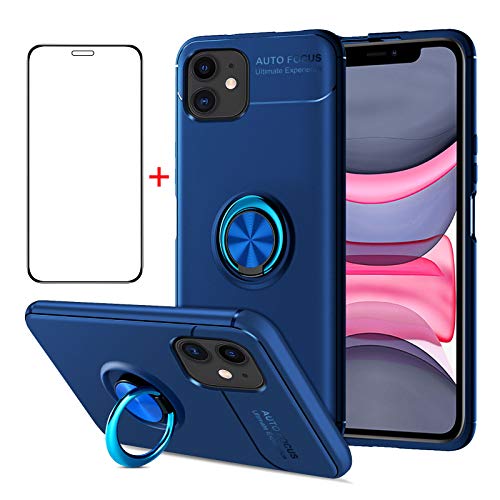 AKABEILA Handyhülle Schutzfolie iPhone 11 Hülle Schutzfolie Handyhülle Silikon kompatibel für iPhone 11 Hülle Case Schutzfolie Schutzhülle Telefonhalter Stoßfest Ring Griff Ständer,Blau von AKABEILA