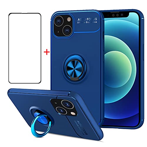 AKABEILA Handyhülle für iPhone 13 Hülle & Schutzfolie 360 Grad Ring Halter Schutzhülle Silikon Cover Stoßfest Case [Unterstützen Magnetische Autohalterung], Blau von AKABEILA