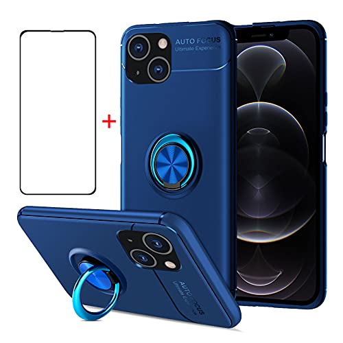 AKABEILA Handyhülle für iPhone 13 Pro Hülle & Schutzfolie 360 Grad Ring Halter Schutzhülle Silikon Cover Stoßfest Case [Unterstützen Magnetische Autohalterung], Blau von AKABEILA