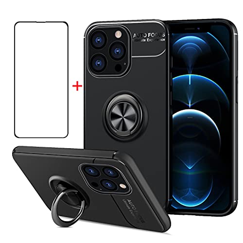 AKABEILA Handyhülle für iPhone 13 Pro Hülle & Schutzfolie 360 Grad Ring Halter Schutzhülle Silikon Cover Stoßfest Case [Unterstützen Magnetische Autohalterung], Schwarz von AKABEILA