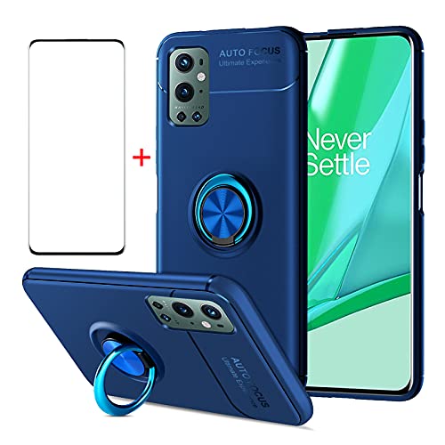 AKABEILA OnePlus 10 Pro Handyhülle Silikon, OnePlus 10 Pro Hülle und Displayschutzfolie, Kompatibel für OnePlus 10 Pro Case Cover, Stoßfest Kickstand Ring Grip Holder Gehärtetes Glas, Blau von AKABEILA