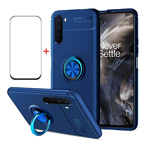 AKABEILA OnePlus Nord 2 5G Handyhülle Silikon, OnePlus Nord 2 5G Hülle und Displayschutzfolie, Kompatibel für OnePlus Nord 2 5G Case Cover, Stoßfest Kickstand Ring Grip Holder Gehärtetes Glas, Blau von AKABEILA