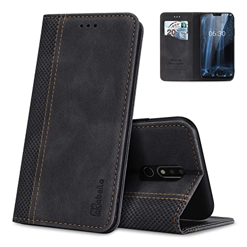 AKABEILA Schutzhülle für Nokia 5.1 Premium Leder Flip Wallet Case mit Magnetverschluss Kickstand Kartenfächer Folio Handyhülle Cover Stoßfest Schwarz von AKABEILA