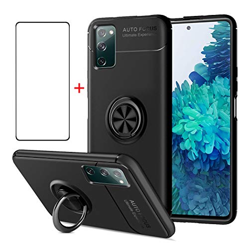 AKABEILA Schutzhülle für Samsung Galaxy S21 FE 5G + Displayschutzfolie aus gehärtetem Glas Handyhülle Silikon Ring Grip Halter Kickstand Kohlefaser Schale stoßfest, Schwarz von AKABEILA